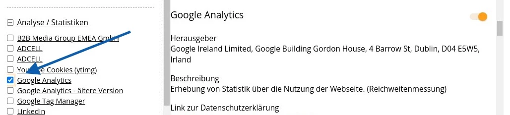 Google Analytics in cookie banner